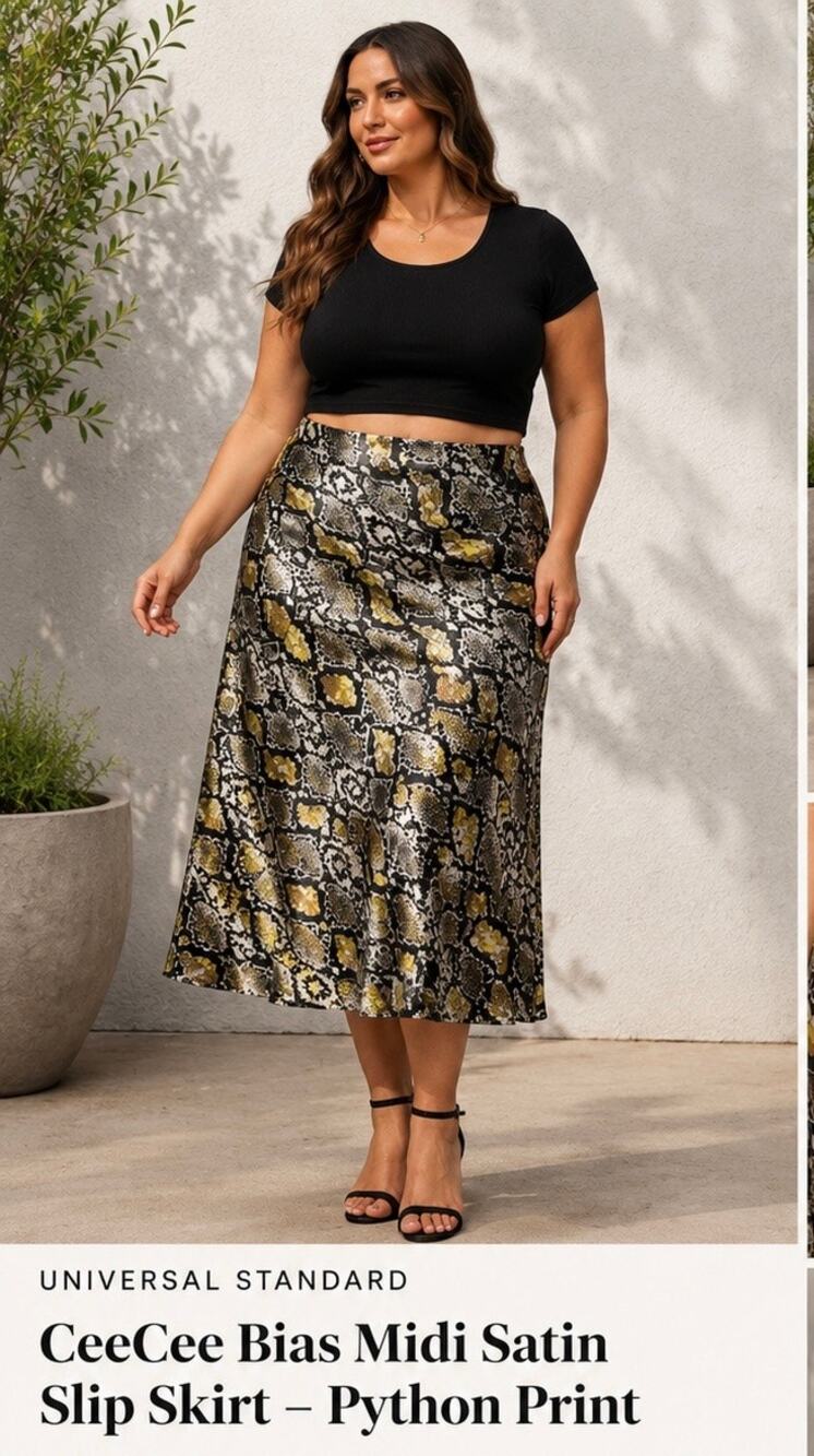 Universal Standard ceecee bias midi satin slip skirt python print size 32 2x